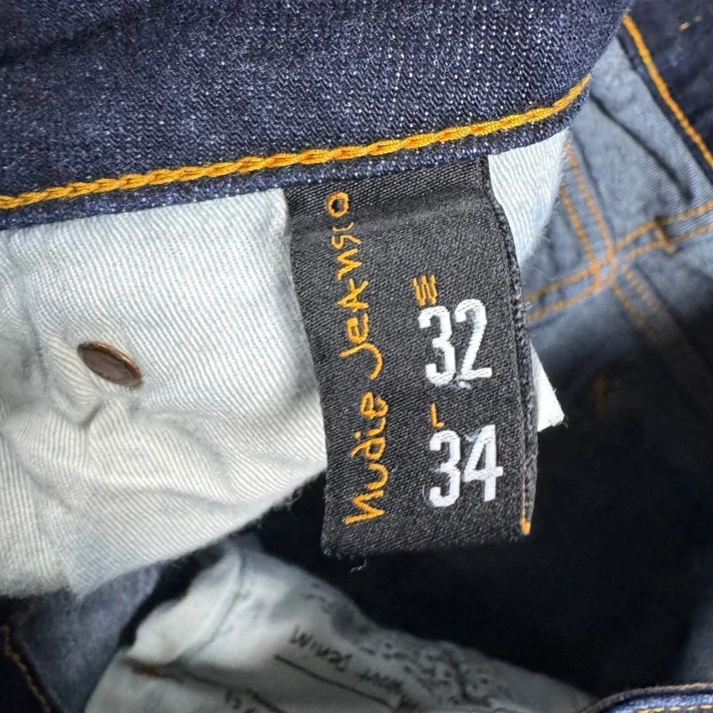 Nudie Jeans Skinny Lin Dry Deep Orange Mens 32x34 Dark Indigo Demin (Fits 29x31)